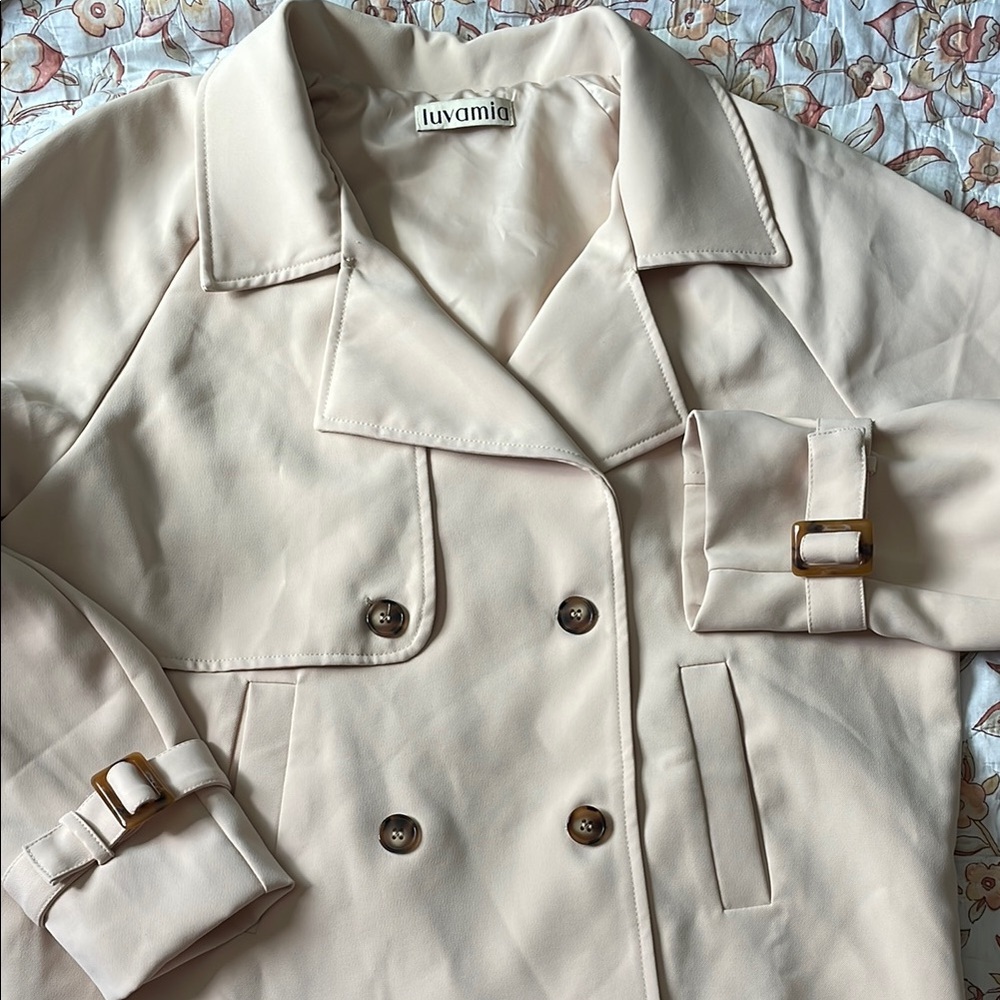 Luvamia Women's Cream Double-Breasted Trench Coat with Belted Cuffs